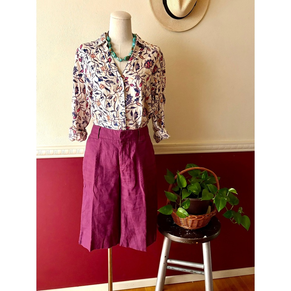Rachel Zoe 100% Linen Floral Button Down Tunic Top M Cream Blue‎ Pearl Buttons